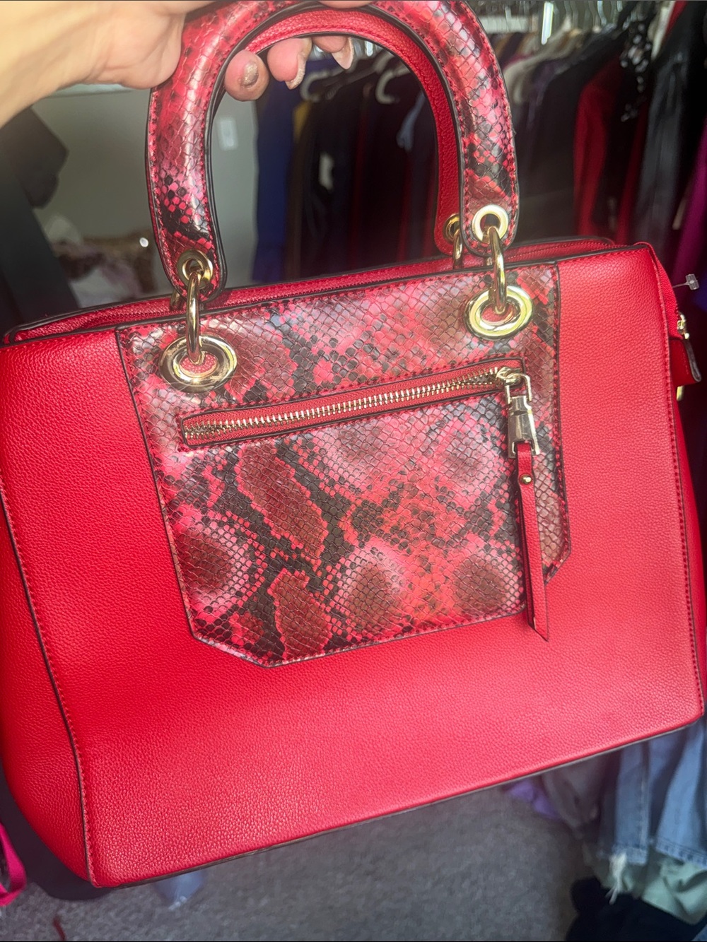 Red Snake-Print Top-Handle Satchel with Gold Hardware